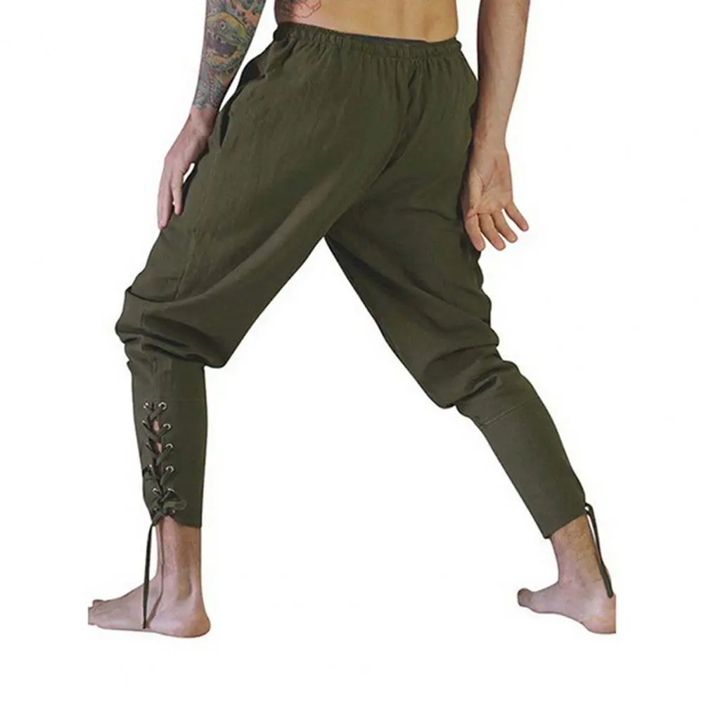 Vintage Bandage Men Medieval Pants Elastic Waist Renaissance Casual Pirate Pants Drawstring Viking Ankle Length Medieval Pants