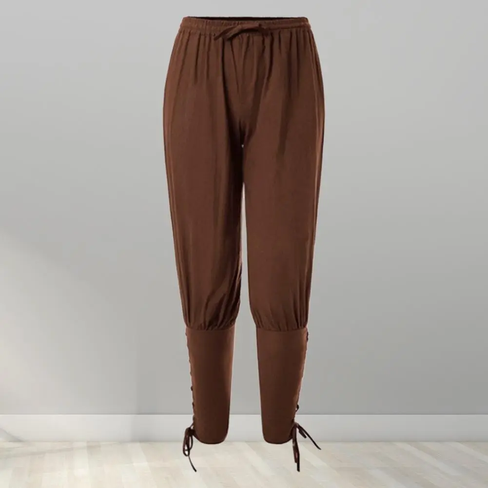 Vintage Bandage Men Medieval Pants Elastic Waist Renaissance Casual Pirate Pants Drawstring Viking Ankle Length Medieval Pants
