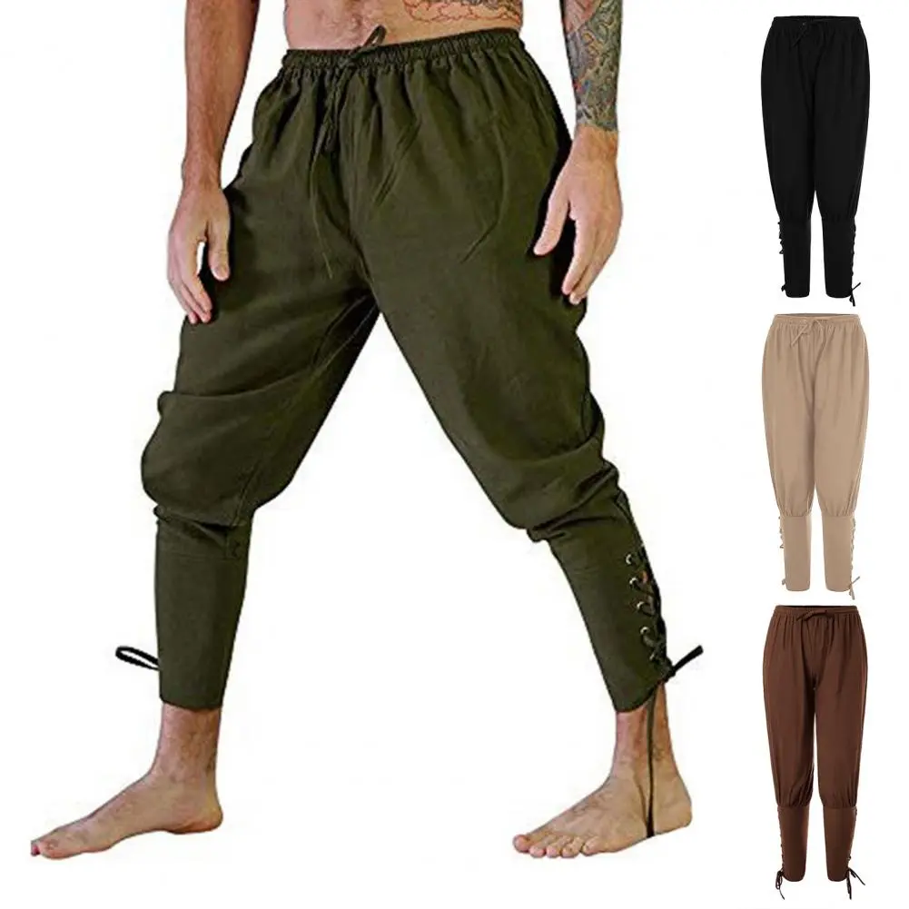 Vintage Bandage Men Medieval Pants Elastic Waist Renaissance Casual Pirate Pants Drawstring Viking Ankle Length Medieval Pants