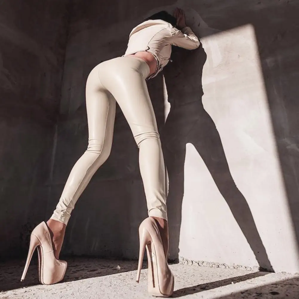 Faux Leather Women Leggings Sexy High Waist Solid Color Full Length Straight Pencil Pants Bodycon Leggings Skinny Long Trousers