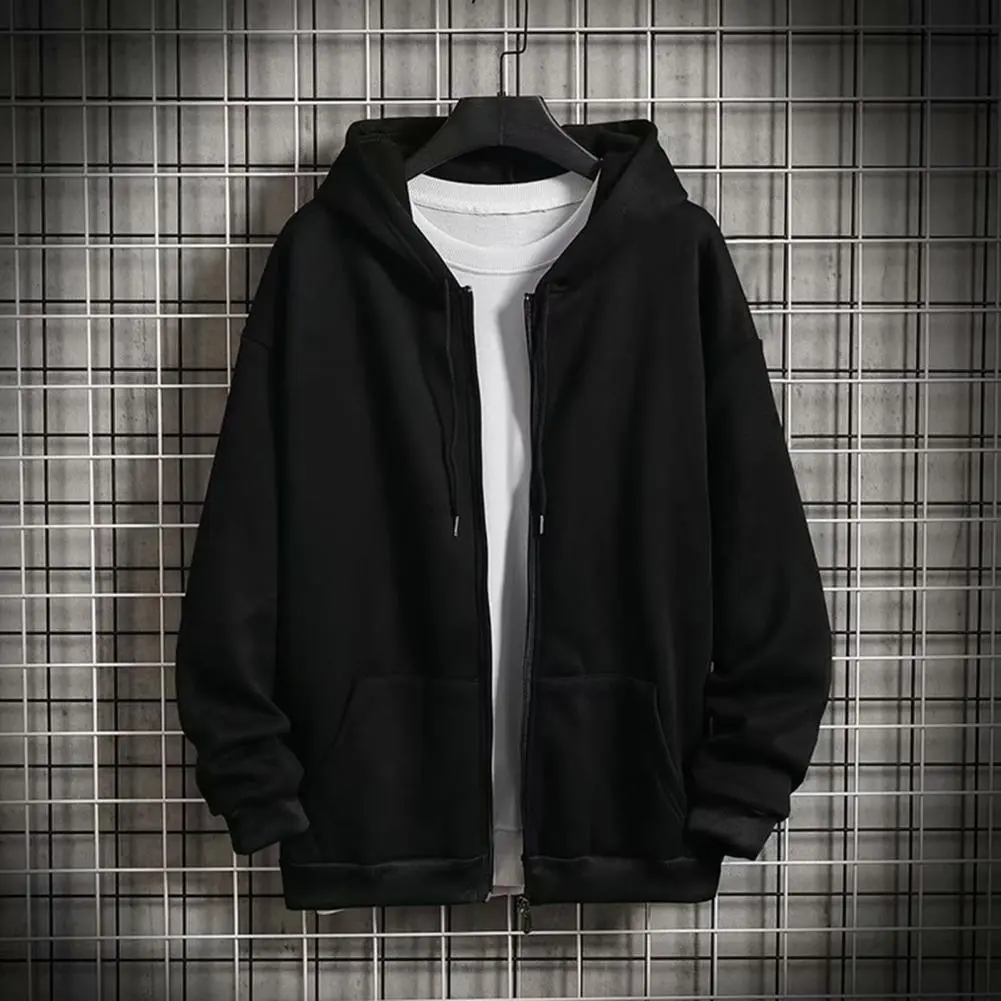 Harajuku Men Coat Solid Color Zip Hoodie Jacket Loose Goth Long Sleeve Sweatshirt Hip Hop Drawstring Hooded Hat Cardigan Top