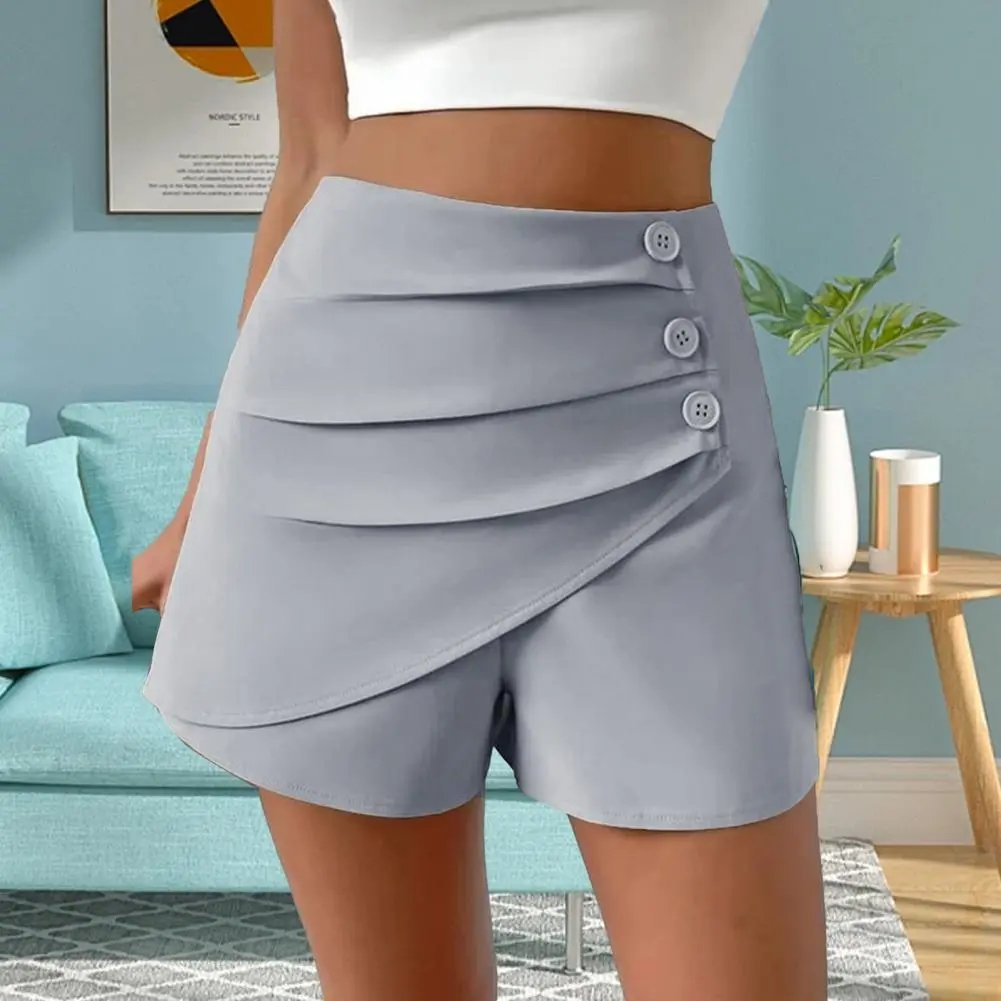 2025 Office Lady Shorts High Waist Asymmetric Pleated Button Decor Summer Shorts Slim Fit Tummy Control Above Knee Length Shorts