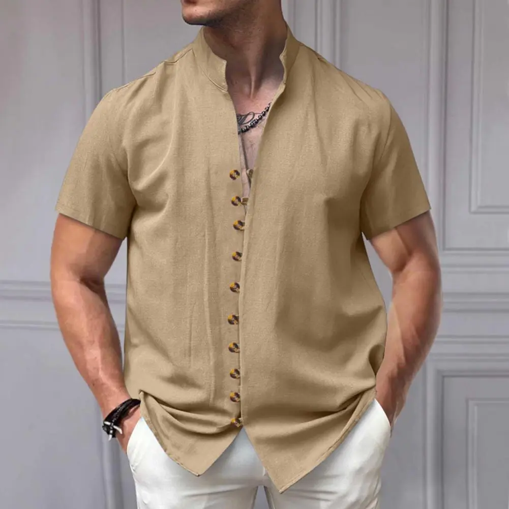 Men Linen Shirt Short Sleeve Retro Style Button-down Shirt Short-sleeve Vacation Shirt Solid Collar Casual Summer Beach Shirts