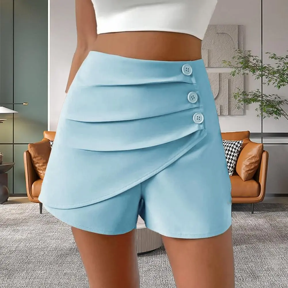 2025 Office Lady Shorts High Waist Asymmetric Pleated Button Decor Summer Shorts Slim Fit Tummy Control Above Knee Length Shorts