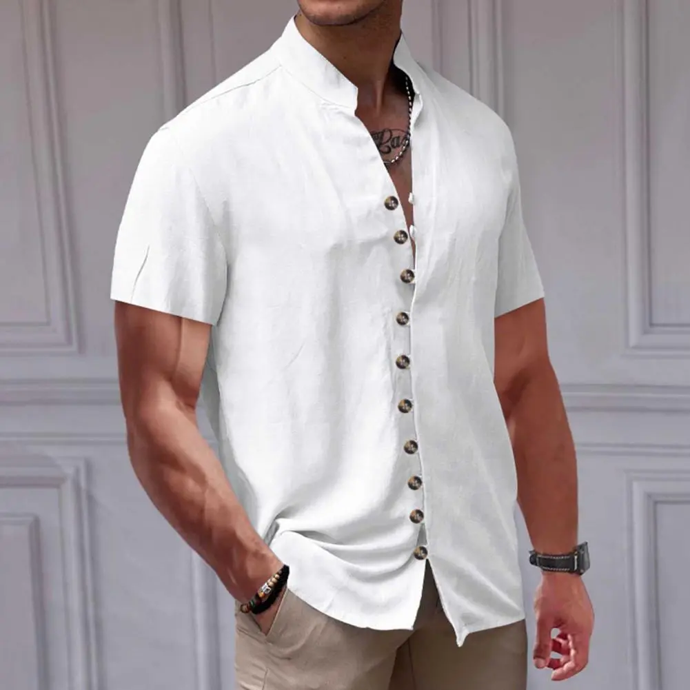 Men Linen Shirt Short Sleeve Retro Style Button-down Shirt Short-sleeve Vacation Shirt Solid Collar Casual Summer Beach Shirts