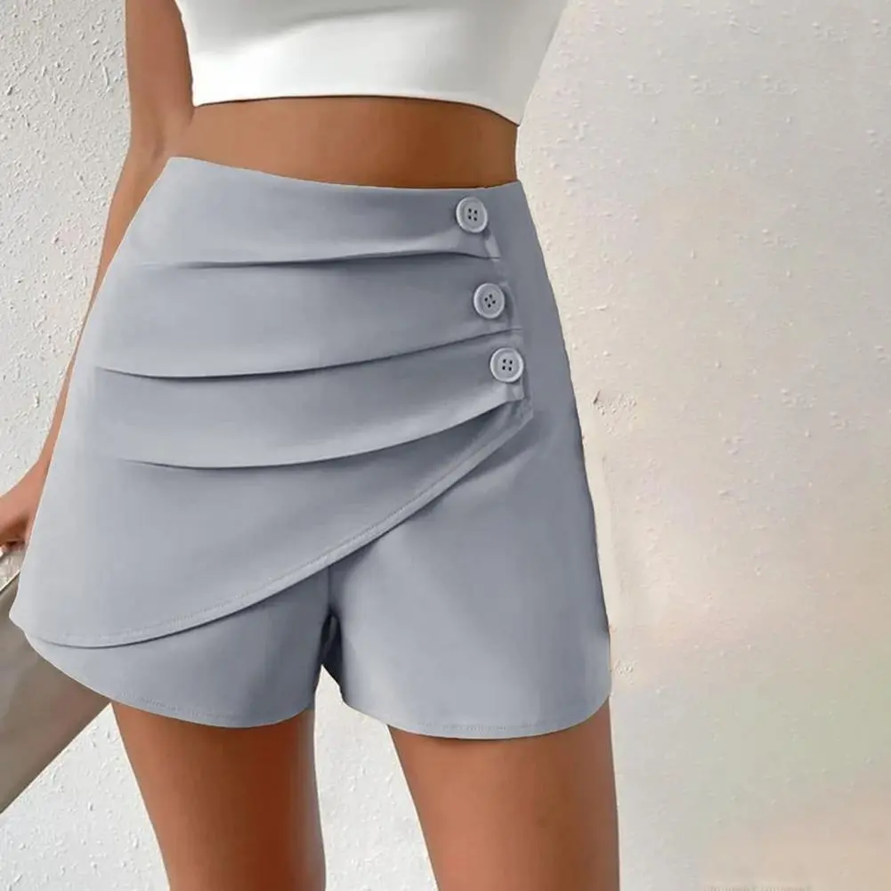 2025 Office Lady Shorts High Waist Asymmetric Pleated Button Decor Summer Shorts Slim Fit Tummy Control Above Knee Length Shorts