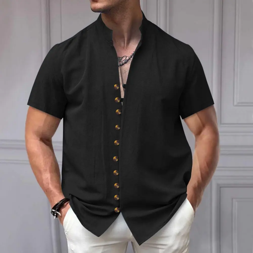 Men Linen Shirt Short Sleeve Retro Style Button-down Shirt Short-sleeve Vacation Shirt Solid Collar Casual Summer Beach Shirts