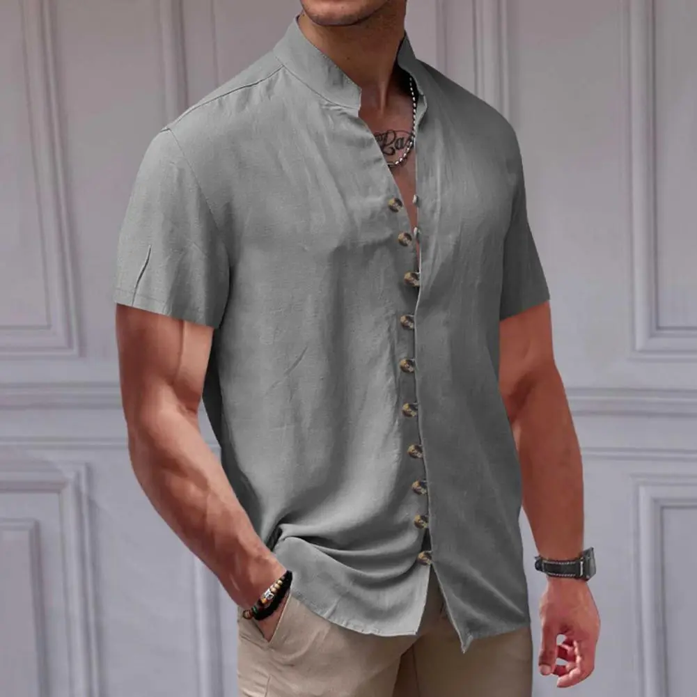 Men Linen Shirt Short Sleeve Retro Style Button-down Shirt Short-sleeve Vacation Shirt Solid Collar Casual Summer Beach Shirts