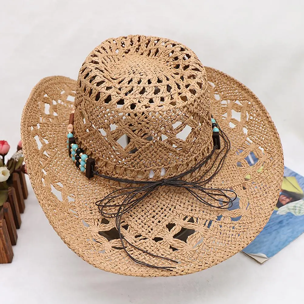 Paper Rope Woven Sun Hat Unisex Straw Beads Cowboy Hat Vintage Western Cowboy Hat Men's Gentleman Hat Lady Jazz Cowgirl Hat