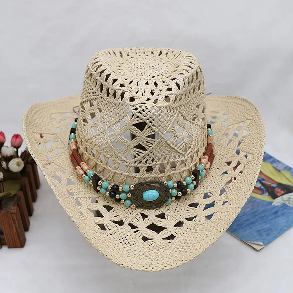 Paper Rope Woven Sun Hat Unisex Straw Beads Cowboy Hat Vintage Western Cowboy Hat Men's Gentleman Hat Lady Jazz Cowgirl Hat