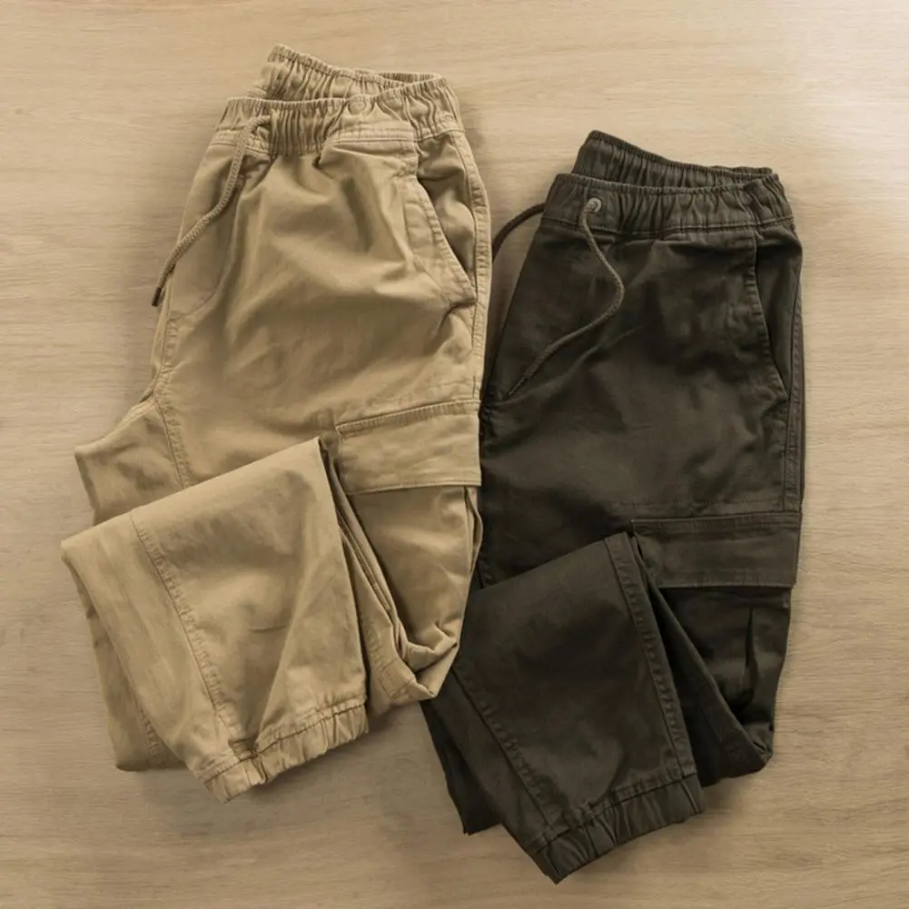 Men Outdoor Cargo Trousers Casual Multiple Pockets Drawstring Pants Breathable Loose Fit Sports Pants Lace-up Jogger Trousers