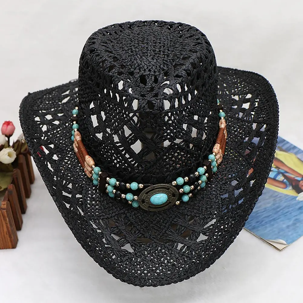 Paper Rope Woven Sun Hat Unisex Straw Beads Cowboy Hat Vintage Western Cowboy Hat Men's Gentleman Hat Lady Jazz Cowgirl Hat