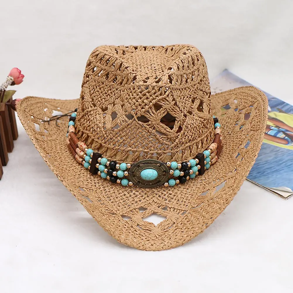 Paper Rope Woven Sun Hat Unisex Straw Beads Cowboy Hat Vintage Western Cowboy Hat Men's Gentleman Hat Lady Jazz Cowgirl Hat