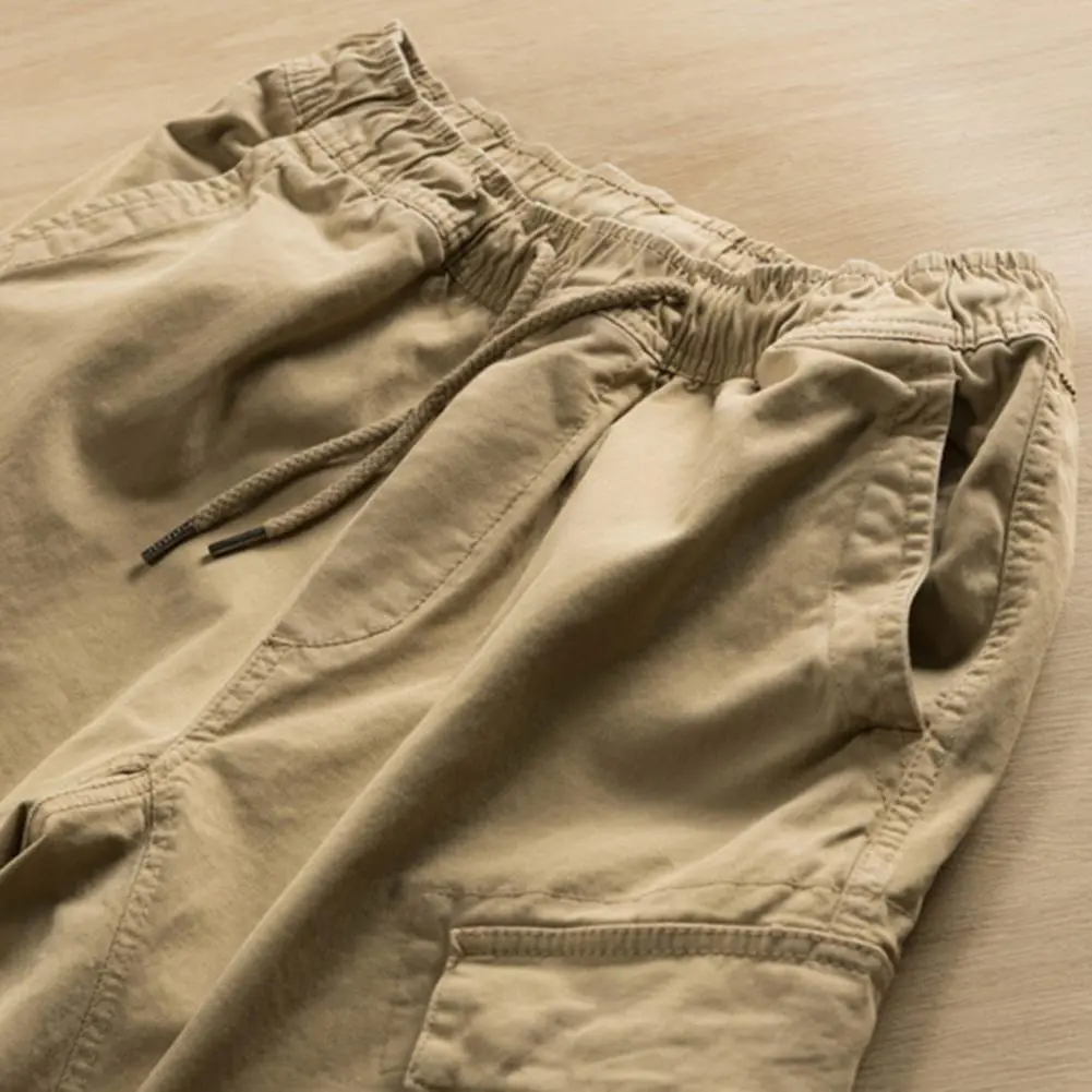 Men Outdoor Cargo Trousers Casual Multiple Pockets Drawstring Pants Breathable Loose Fit Sports Pants Lace-up Jogger Trousers