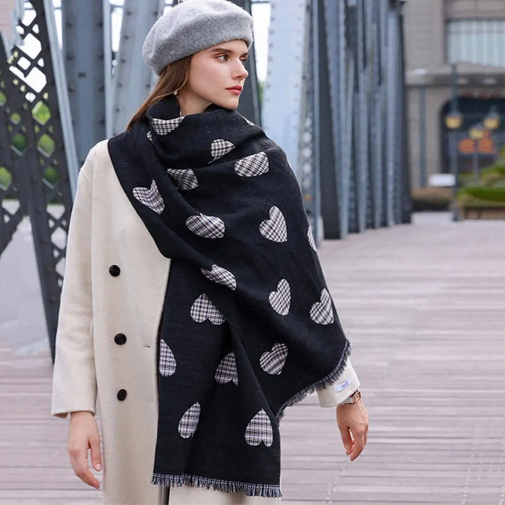 Heart Plaid Print Fringed Hem Knitted Scarf Winter Women Scarf Thickened Cozy Warm Windproof Cold Resistant Korean Scarf Wraps
