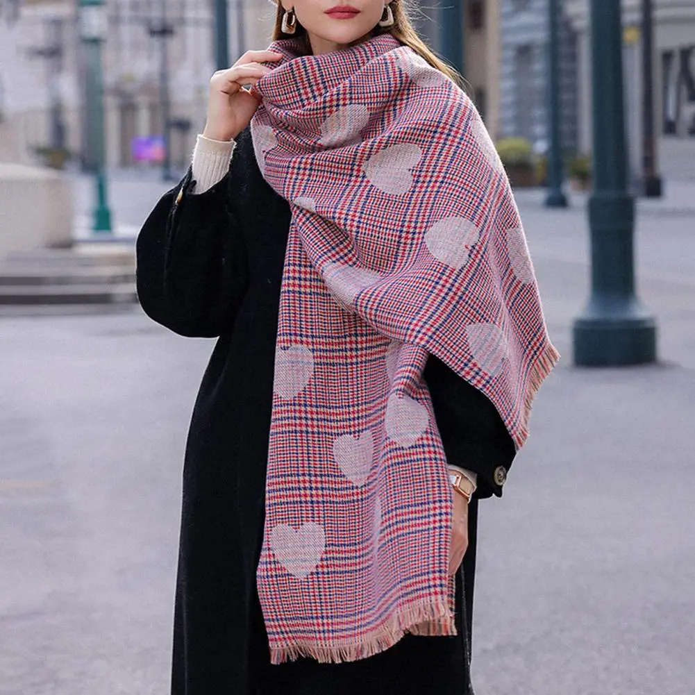 Heart Plaid Print Fringed Hem Knitted Scarf Winter Women Scarf Thickened Cozy Warm Windproof Cold Resistant Korean Scarf Wraps