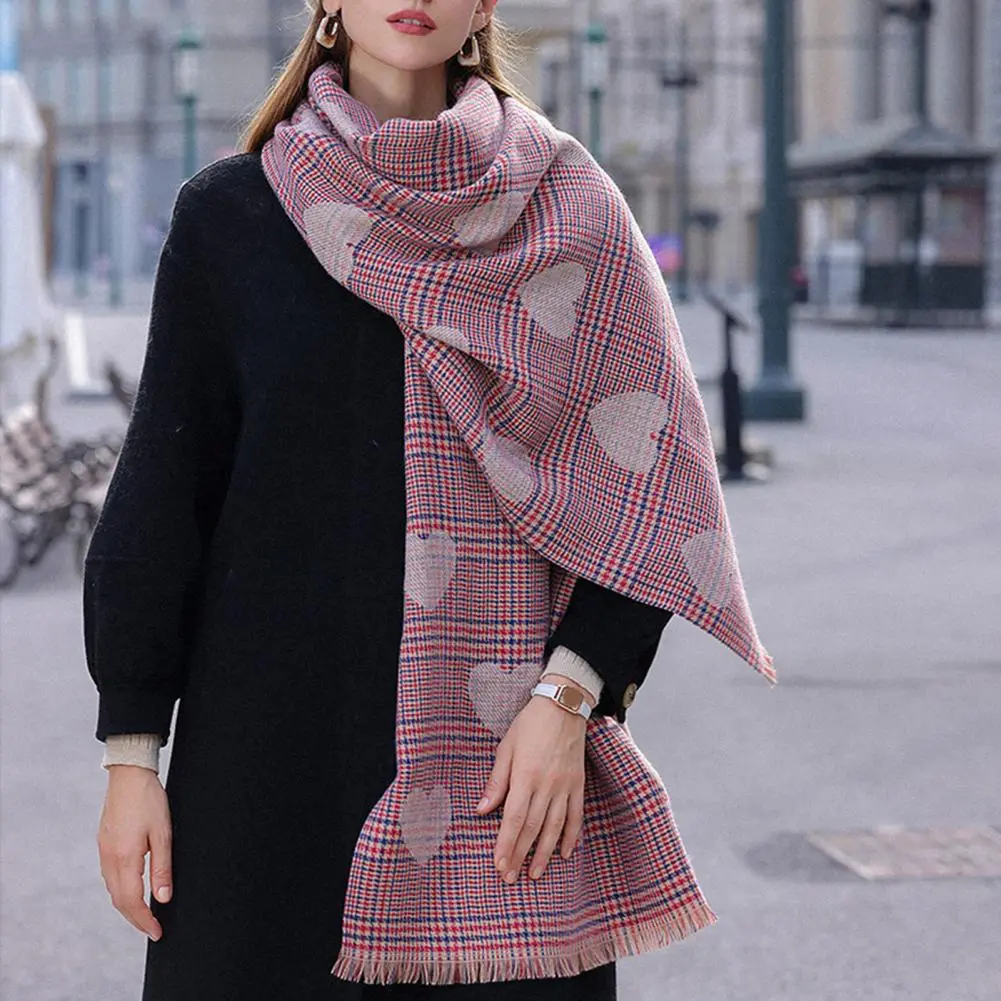 Heart Plaid Print Fringed Hem Knitted Scarf Winter Women Scarf Thickened Cozy Warm Windproof Cold Resistant Korean Scarf Wraps