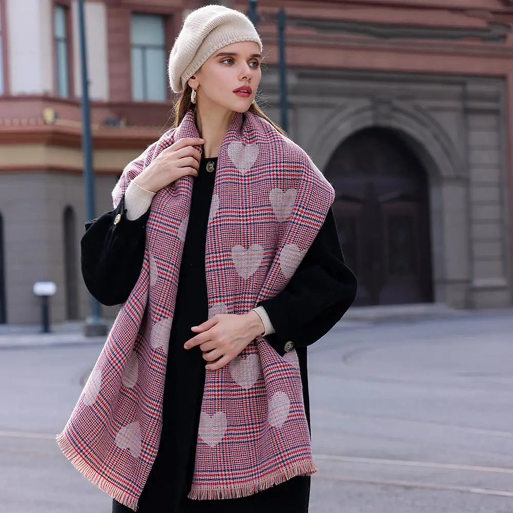 Heart Plaid Print Fringed Hem Knitted Scarf Winter Women Scarf Thickened Cozy Warm Windproof Cold Resistant Korean Scarf Wraps