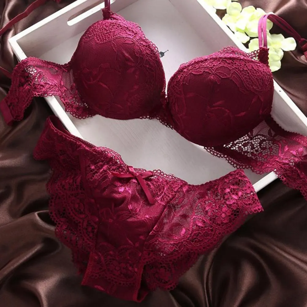 2025 Women Bra Briefs Set Bra Splicing Underwear Set Lace Push Up Elastic Deep V Neck Padded With Wire Bow-knot Intimate Clothes