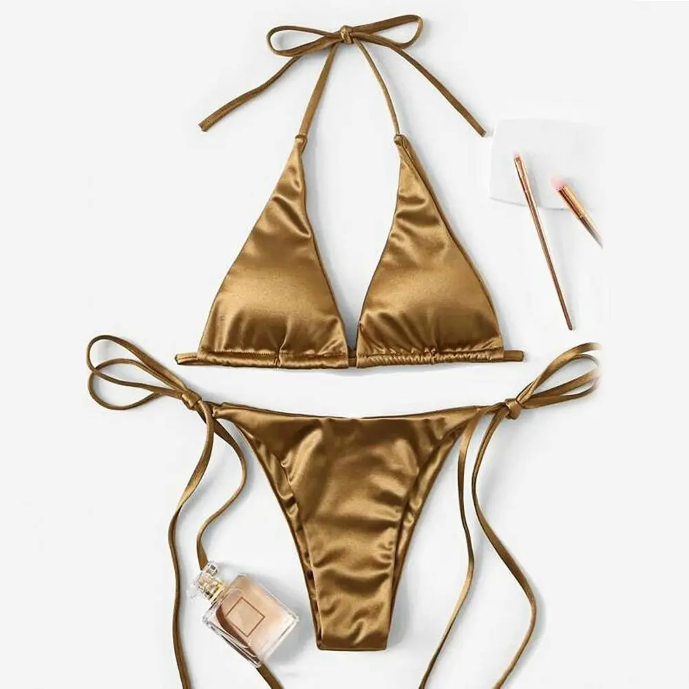 2024 Women Bikini Set Halter Neck Lace Up Spaghetti Strap Halter Neck Strap Thong Women Swimsuit Set Low-cut Women Bathing Suit
