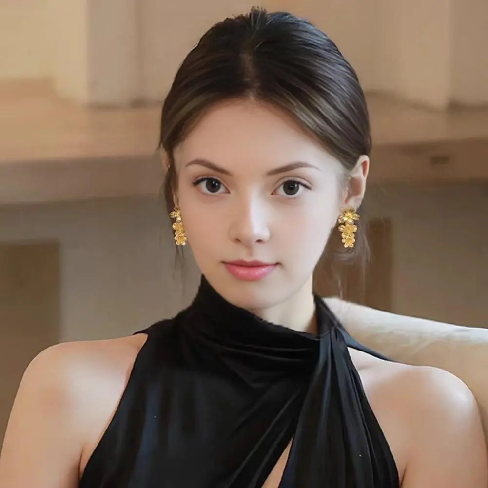 Drop Earrings Set Shiny Texture Earrings Elegant Retro Style Geometric Flower Drop Earrings with Shiny Texture Women's for A