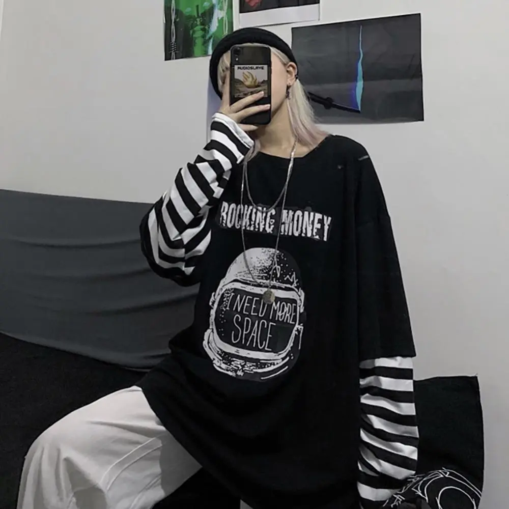 Hip Hop Women T-shirt Black White Stripes Fake Two Piece Oversized T-shirt Korean Fashion Patchwork Letters Print Street Blouse