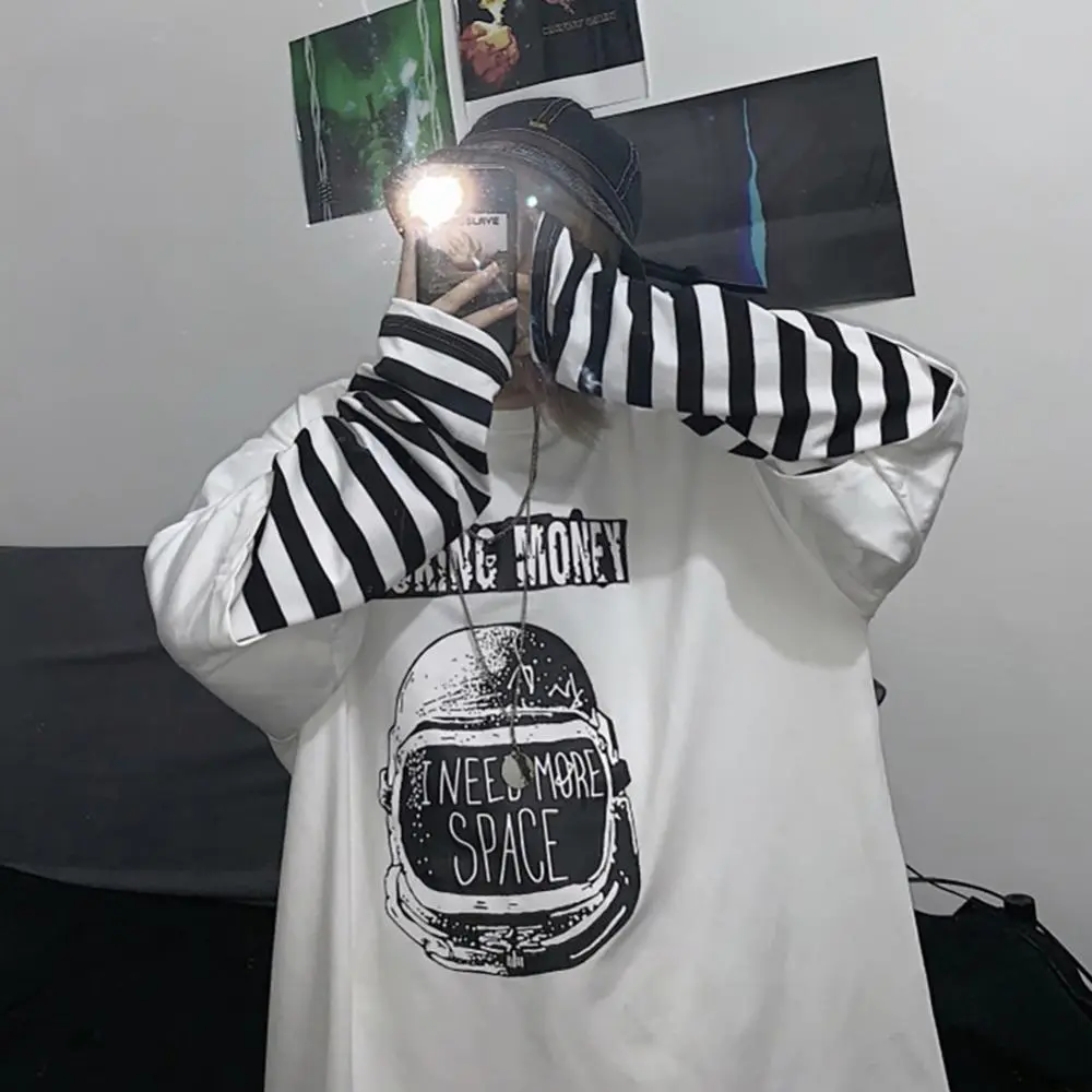 Hip Hop Women T-shirt Black White Stripes Fake Two Piece Oversized T-shirt Korean Fashion Patchwork Letters Print Street Blouse