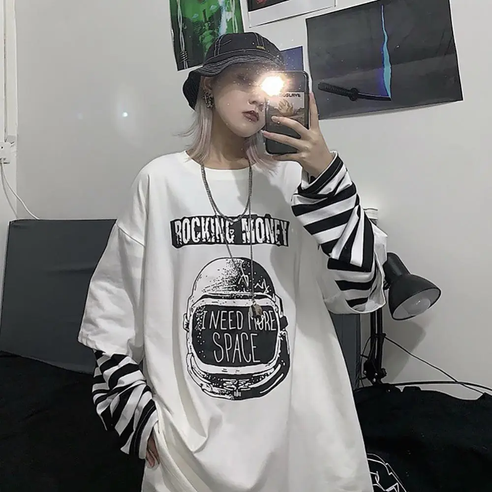Hip Hop Women T-shirt Black White Stripes Fake Two Piece Oversized T-shirt Korean Fashion Patchwork Letters Print Street Blouse