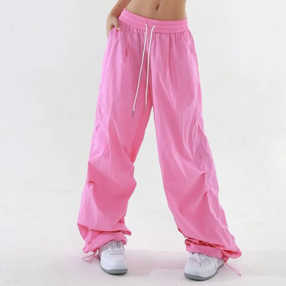 Women Pants Elastic Waist Drawstring Long Pants Wide Leg Leisure Travel Cargo Trousers Candy Color Streetwear Baggy Pants