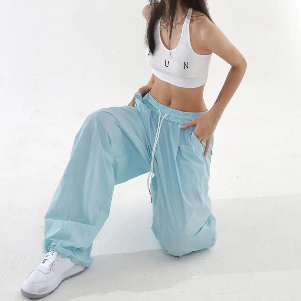 Women Pants Elastic Waist Drawstring Long Pants Wide Leg Leisure Travel Cargo Trousers Candy Color Streetwear Baggy Pants