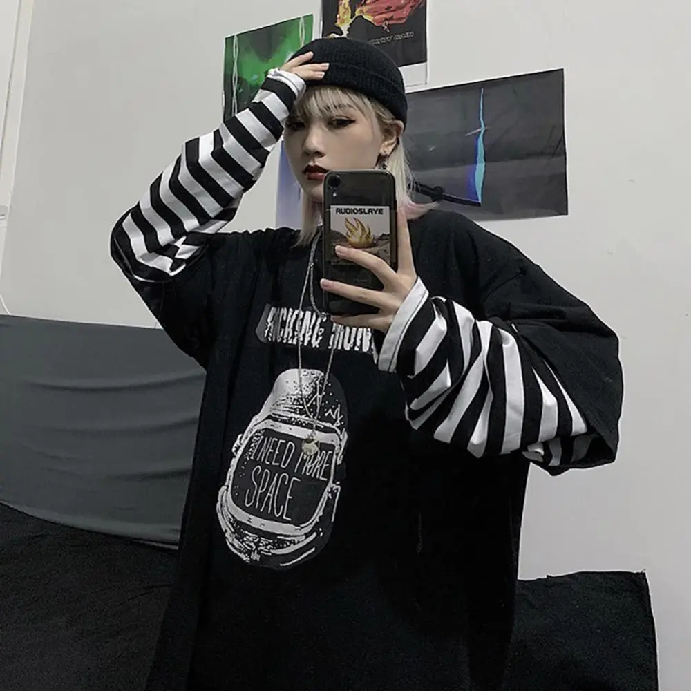 Hip Hop Women T-shirt Black White Stripes Fake Two Piece Oversized T-shirt Korean Fashion Patchwork Letters Print Street Blouse
