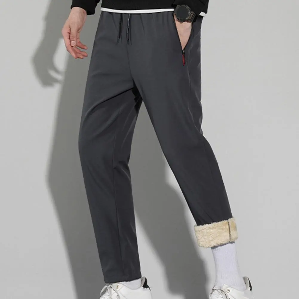 Solid Color Fleece Pants Winter Fleece Pants Thick Plush Warm Men's Sports Pants with Zipper Pockets Elastic for Fall/winter