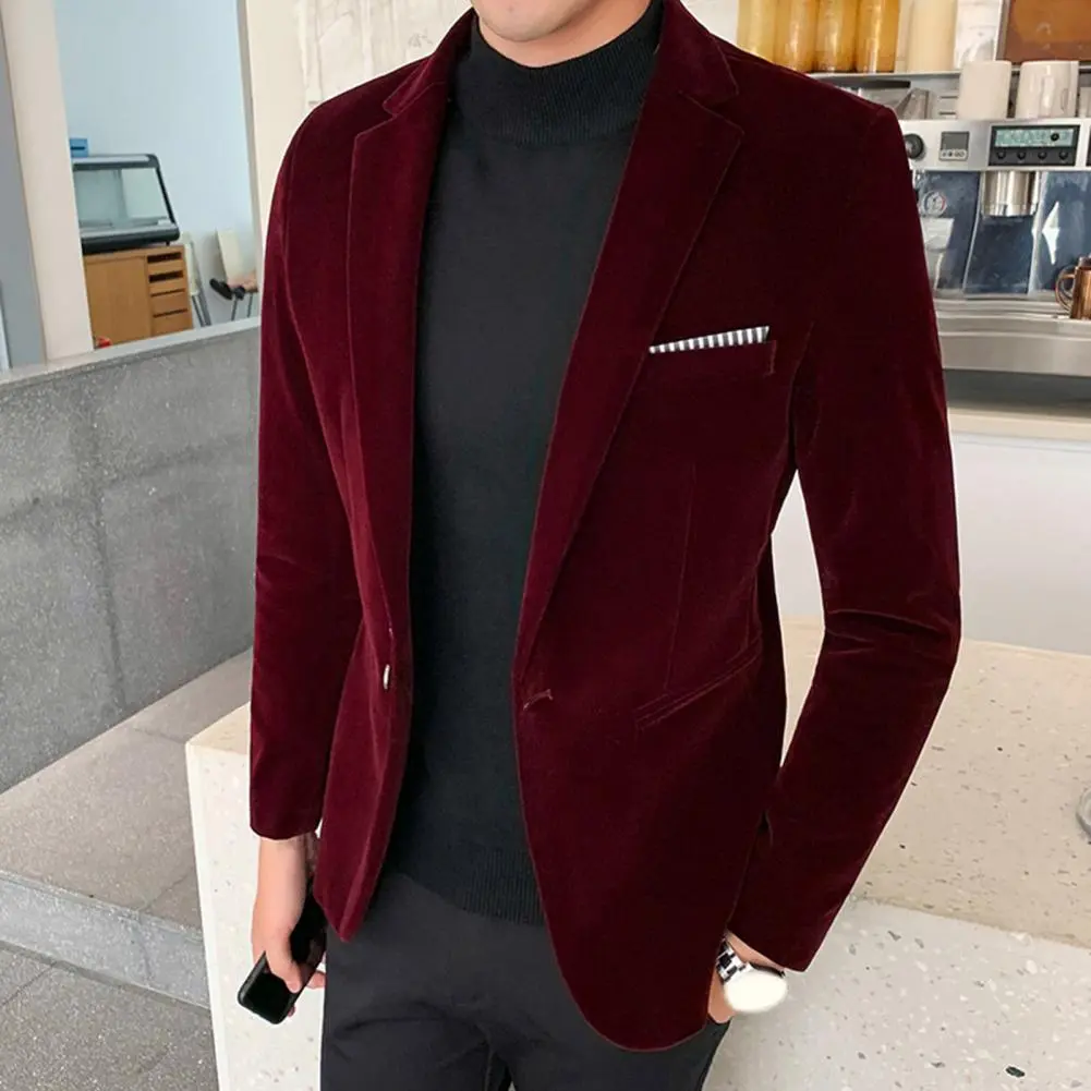 Velvet Men Temperament Turndown Collar Single Button Slim Fit Men Suit Coat Elegant Velvet Lining Male Formal Suit Jacket