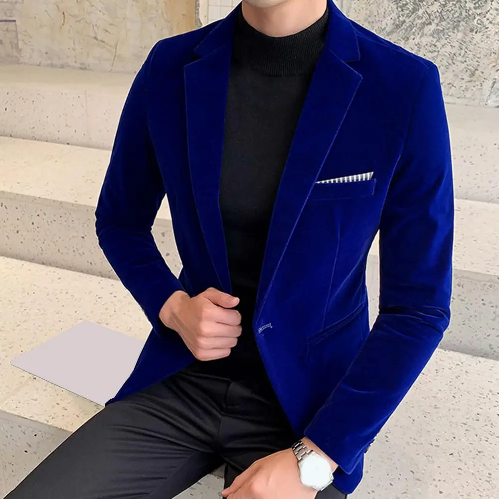 Velvet Men Temperament Turndown Collar Single Button Slim Fit Men Suit Coat Elegant Velvet Lining Male Formal Suit Jacket