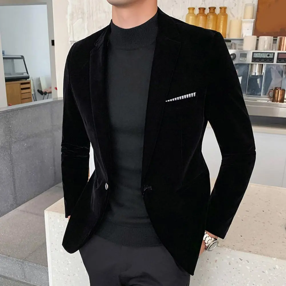Velvet Men Temperament Turndown Collar Single Button Slim Fit Men Suit Coat Elegant Velvet Lining Male Formal Suit Jacket