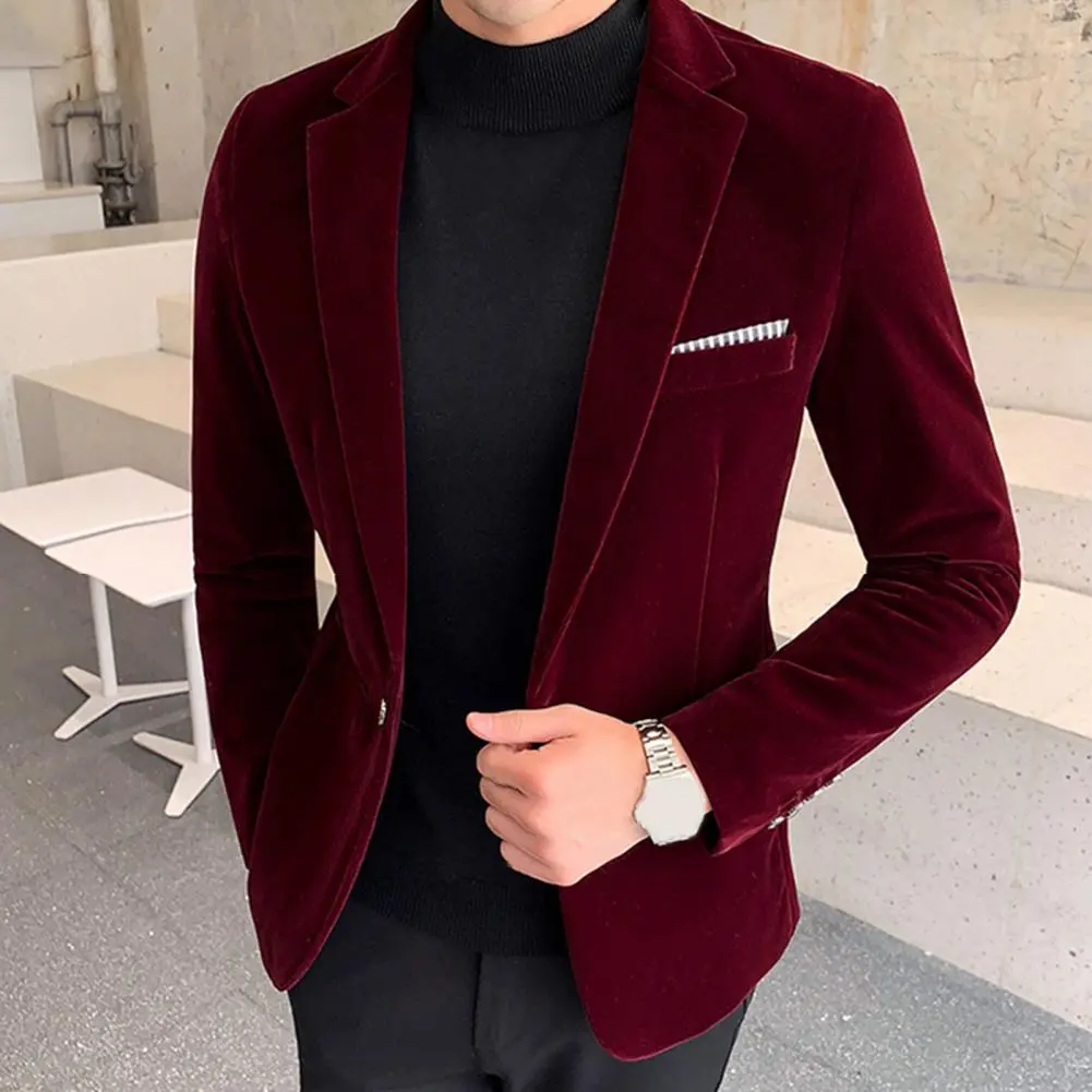 Velvet Men Temperament Turndown Collar Single Button Slim Fit Men Suit Coat Elegant Velvet Lining Male Formal Suit Jacket
