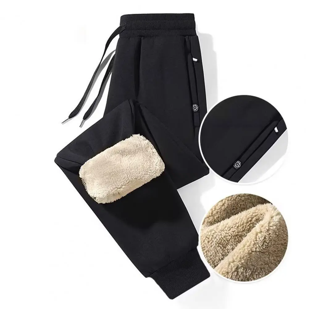 Reinforced Pocket Pants for Men Cozy Men Fleece-lined Pants Thick Plush Men's Winter Pants Drawstring Elastic Waist Zipper
