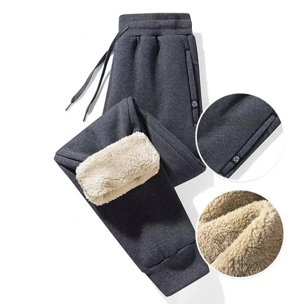 Reinforced Pocket Pants for Men Cozy Men Fleece-lined Pants Thick Plush Men's Winter Pants Drawstring Elastic Waist Zipper