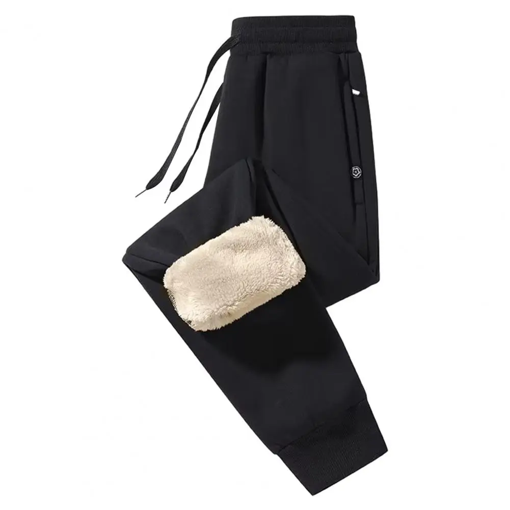 Reinforced Pocket Pants for Men Cozy Men Fleece-lined Pants Thick Plush Men's Winter Pants Drawstring Elastic Waist Zipper