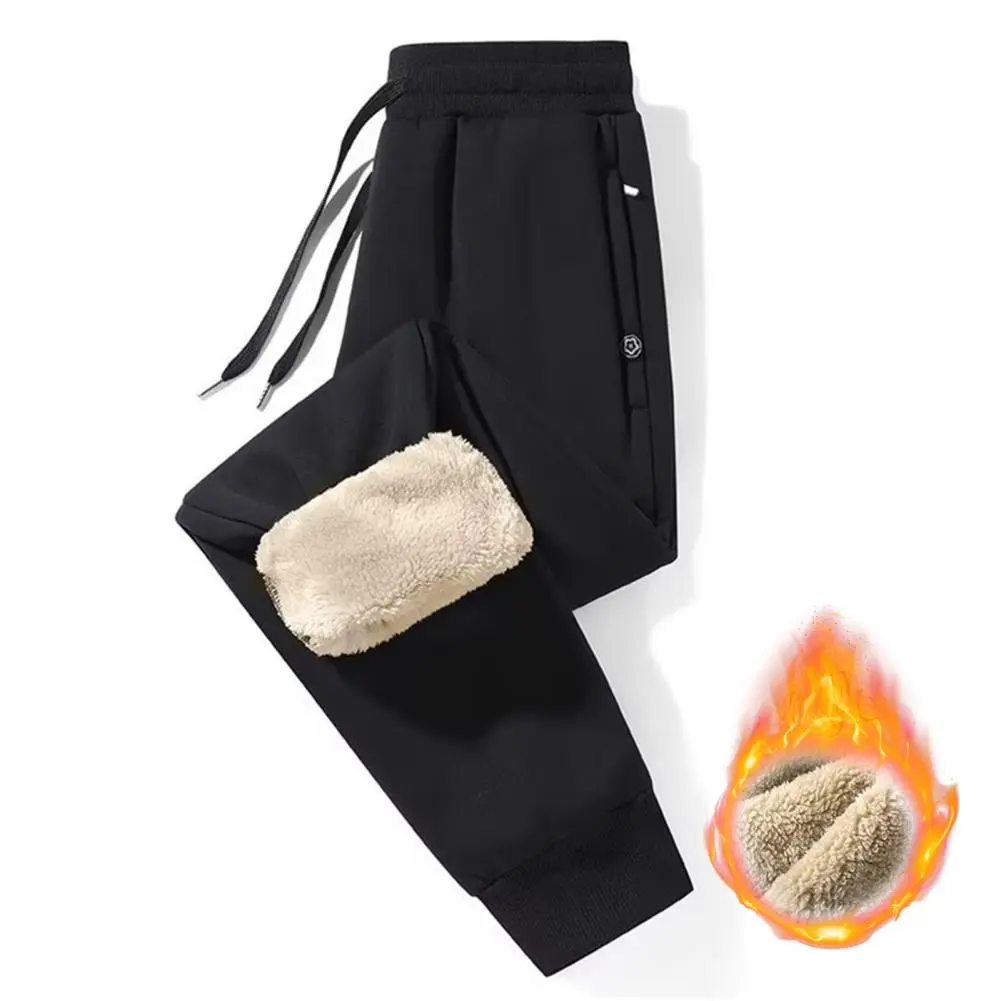 Reinforced Pocket Pants for Men Cozy Men Fleece-lined Pants Thick Plush Men's Winter Pants Drawstring Elastic Waist Zipper