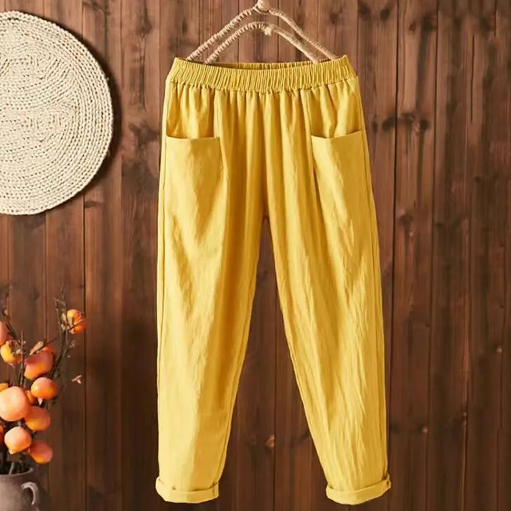 Cropped Pants women Big PocketsStraightLightweightThin High Waist Ninth length Pants Elastic Waist Loose Casual Harem Pants