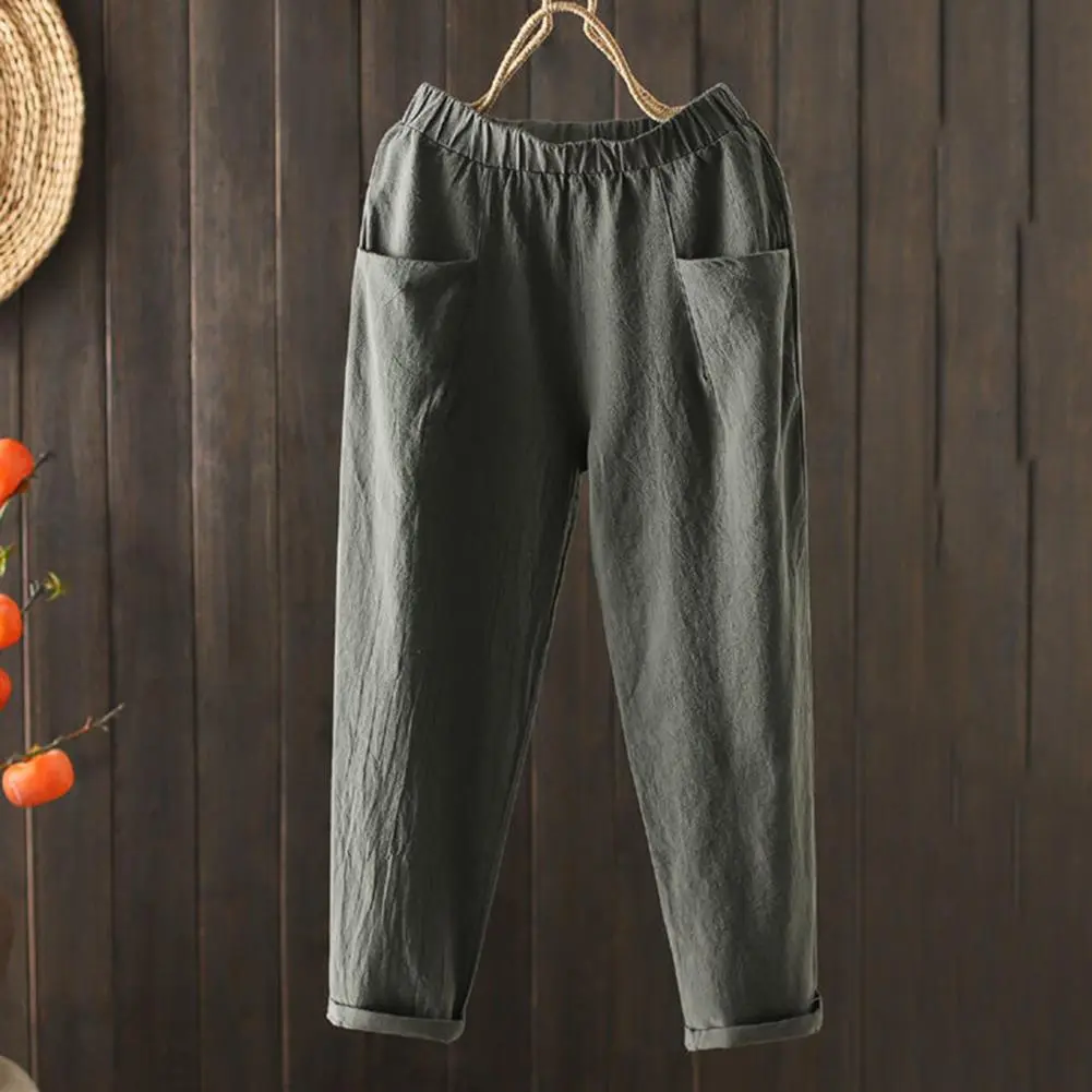 Cropped Pants women Big PocketsStraightLightweightThin High Waist Ninth length Pants Elastic Waist Loose Casual Harem Pants