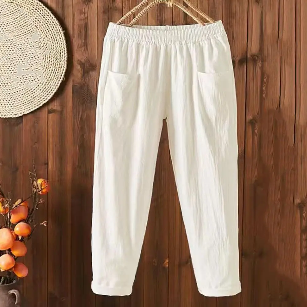 Cropped Pants women Big PocketsStraightLightweightThin High Waist Ninth length Pants Elastic Waist Loose Casual Harem Pants