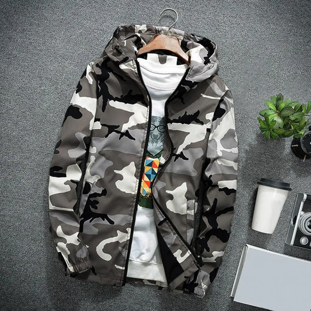 Camouflage print Men Jacket Zipper Long Sleeves Cardigan Cold-proof Hooded Spring Jackets Coat Color Matching Men Winter Coat
