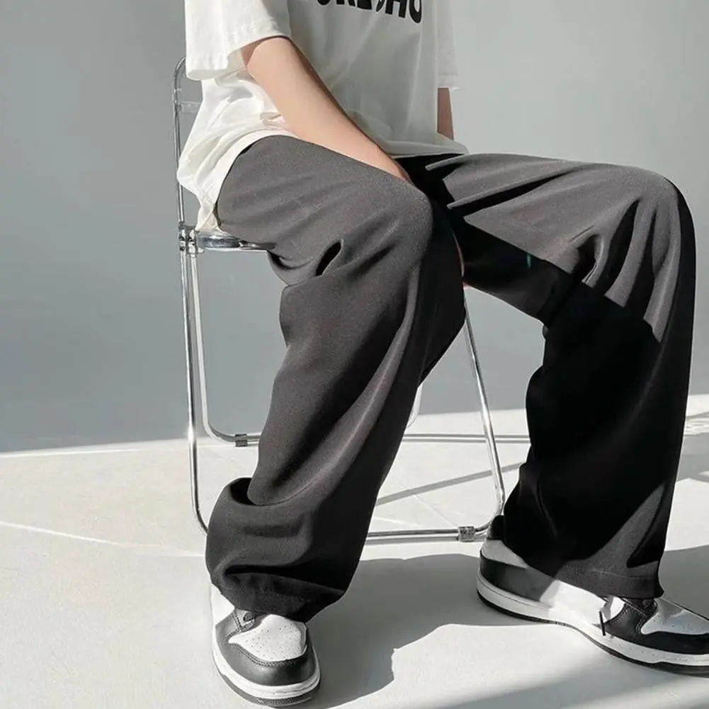 2025 Summer Men Pants Elastic Waist Anti-wrinkle Draping Wide Leg Trousers Relaxed Fit Thin Trousers Thin Mid Waist Pants