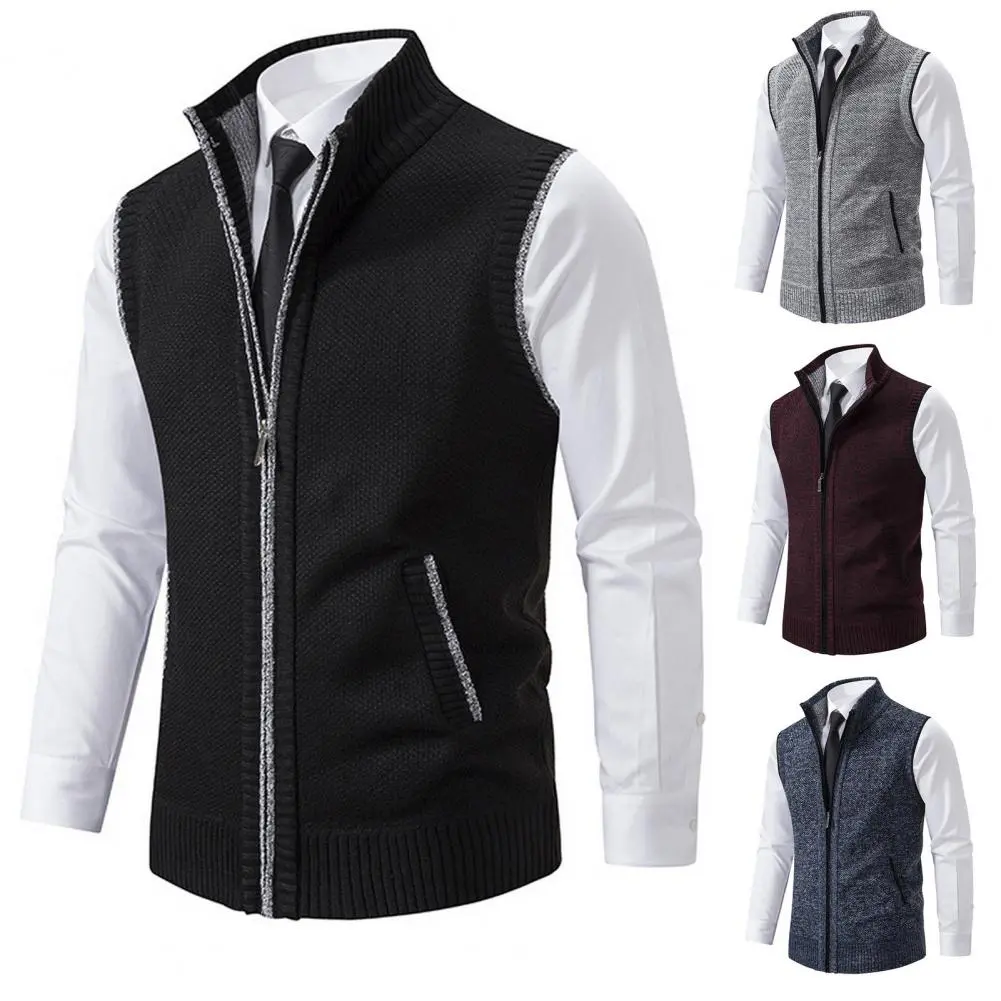 Stylish Zipper Design Sweater Vest Men Sweater Vest Stylish Men's Knitted Zipper Sweater Vest Stand Collar Sleeveless for Work