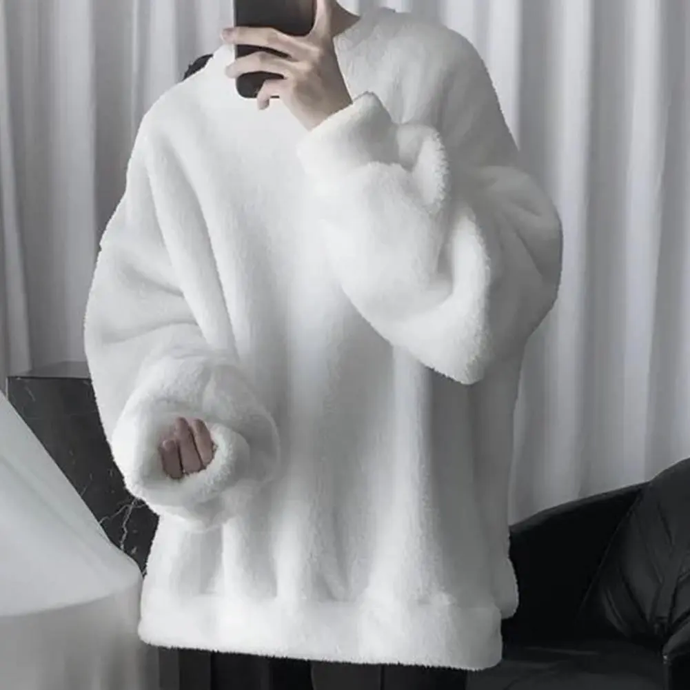 Lamb Wool Fleece Men Sweatshirt O Neck Loose Cozy Winter Pullovers Push Lining Fluffy Winter Sweatshirt Crew Neck Loose Hoodie
