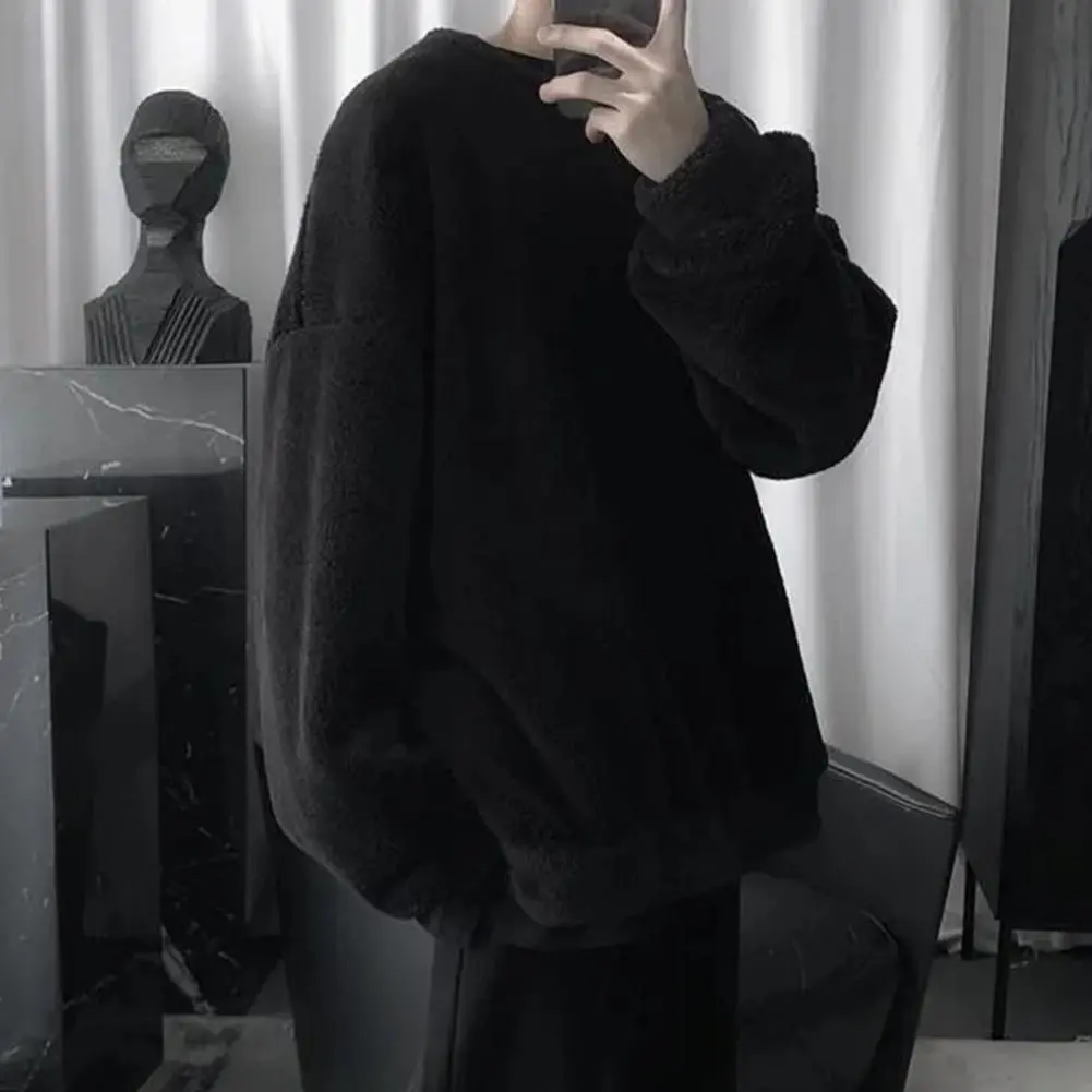 Lamb Wool Fleece Men Sweatshirt O Neck Loose Cozy Winter Pullovers Push Lining Fluffy Winter Sweatshirt Crew Neck Loose Hoodie