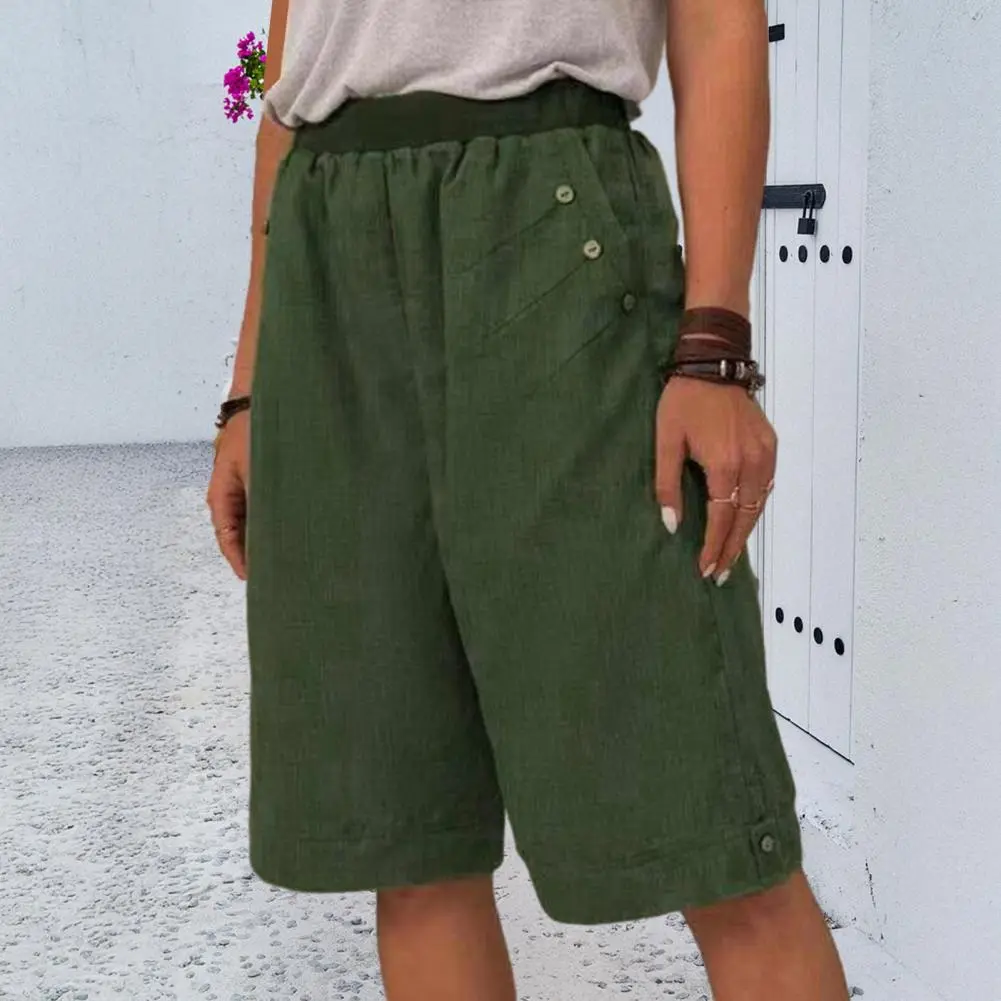 Elastic Waist Women Shorts Sporty Style Shorts Mid-rise Casual Women Casual Short Pants Solid Color Straight Wide Leg Shorts