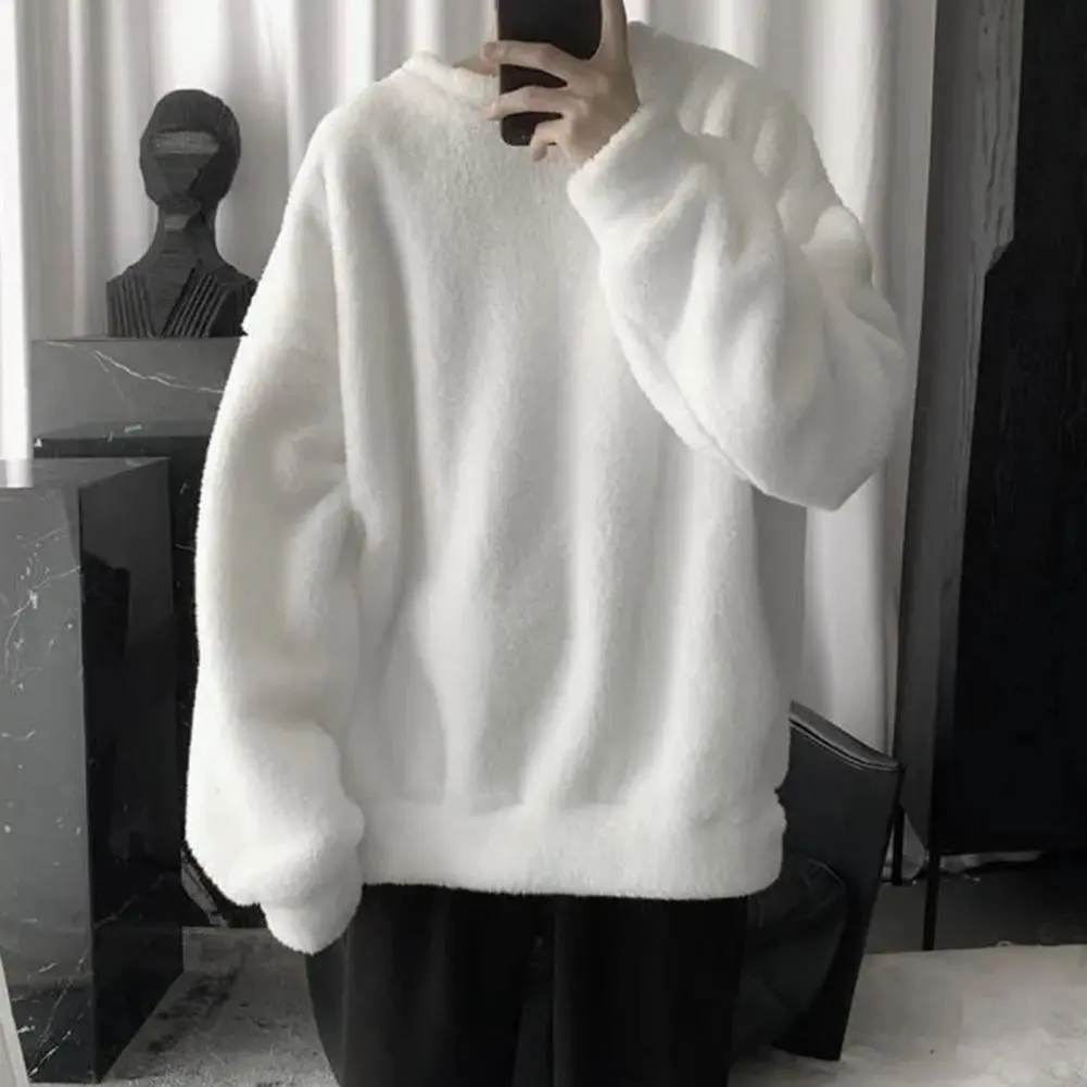 Lamb Wool Fleece Men Sweatshirt O Neck Loose Cozy Winter Pullovers Push Lining Fluffy Winter Sweatshirt Crew Neck Loose Hoodie